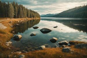 uma lago com pedras e árvores dentro a primeiro plano foto