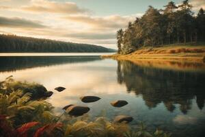 uma lago com pedras e árvores dentro a primeiro plano foto