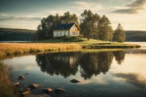 uma casa senta em a costa do uma lago foto