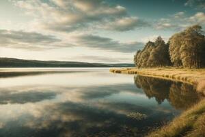 uma lago cercado de árvores e uma pôr do sol foto