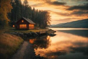 uma casa senta em a costa do uma lago foto