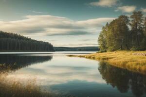 uma lago com pedras e árvores dentro a primeiro plano foto