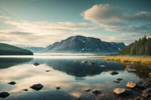 uma lago cercado de árvores e pedras foto