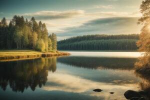 uma lago cercado de árvores e pedras foto