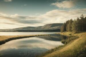 uma lago cercado de árvores e uma nublado céu foto