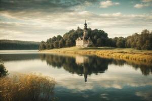 uma Igreja em uma lago cercado de árvores foto