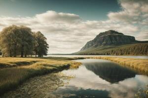 uma rio dentro a floresta com árvores e névoa foto