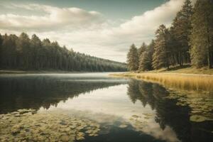 uma rio dentro a floresta com árvores e névoa foto