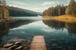 uma lago cercado de árvores e Relva foto