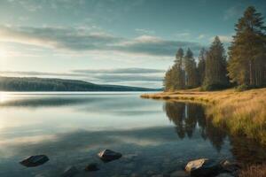 lago cercado de árvores e Relva dentro outono foto