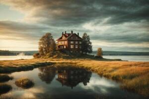 lago cercado de árvores e Relva dentro outono foto