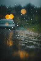 pingos de chuva em a terra dentro uma poça foto