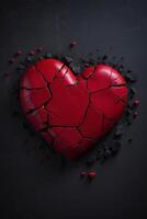 quebrado coração conceito com vermelho coração em Preto fundo foto