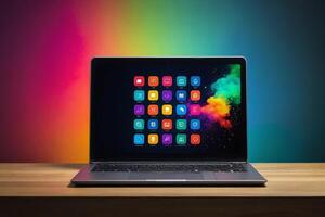 uma computador portátil com colorida ícones em a tela foto