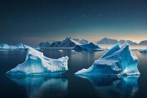 icebergs flutuador dentro a água às pôr do sol foto