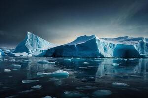 icebergs às noite dentro a oceano com uma leitoso caminho dentro a fundo foto