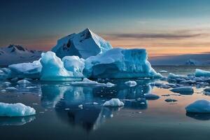 icebergs às noite dentro a oceano com uma leitoso caminho dentro a fundo foto