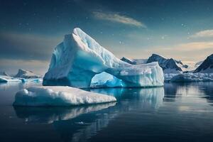 icebergs às noite dentro a oceano com uma leitoso caminho dentro a fundo foto