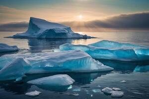 icebergs às noite dentro a oceano com uma leitoso caminho dentro a fundo foto