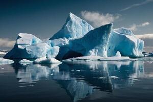 icebergs flutuando dentro a água com Sombrio nuvens foto