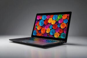 uma computador portátil com colorida flores em a tela foto