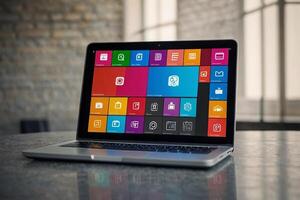 uma computador portátil com muitos colorida aplicativo ícones chegando Fora do isto foto