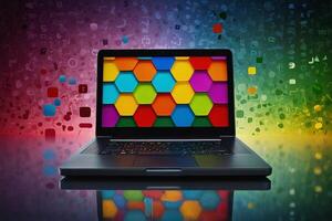 uma computador portátil computador com colorida hexágono formas em a tela foto