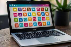 uma computador portátil com muitos diferente tipos do apps em isto foto