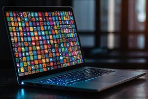 uma computador portátil com muitos colorida ícones em isto foto