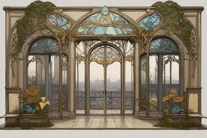 a arte nouveau estilo pintura do uma quarto com uma ampla janela foto