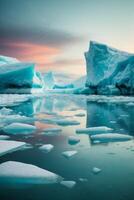 icebergs flutuando dentro a água debaixo uma colorida céu foto