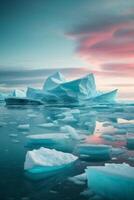 icebergs flutuando dentro a água com uma pôr do sol foto