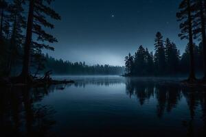 uma lago às noite com uma lua e estrelas foto