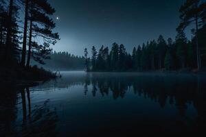 uma cheio lua sobe sobre uma lago às noite foto