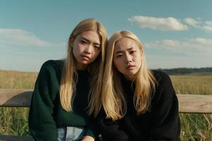 dois jovem mulheres sentado em uma Banco dentro uma campo foto