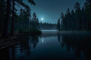 uma cheio lua sobe sobre uma lago às noite foto