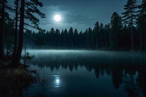 uma cheio lua sobe sobre uma lago às noite foto