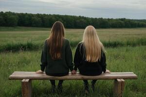 dois jovem mulheres sentado em uma Banco olhando Fora sobre uma campo foto