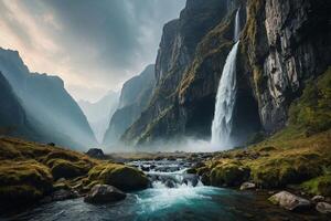 uma cascata dentro a meio do uma verde vale foto