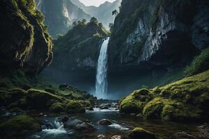 uma cascata dentro a meio do uma verde vale foto