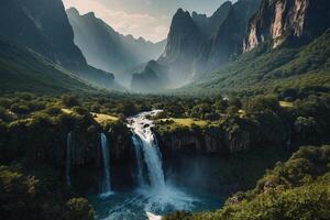 uma cascata dentro a meio do uma verde vale foto