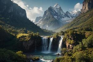 uma cascata dentro a meio do uma verde vale foto