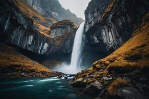 uma cascata dentro a meio do uma verde vale foto