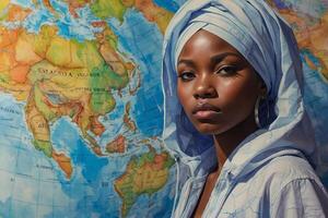 uma lindo jovem mulher com uma turbante dentro frente do uma mundo mapa foto