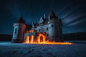 uma castelo é em fogo dentro a meio do a neve foto