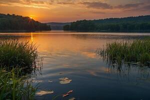 uma lago cercado de árvores às pôr do sol foto