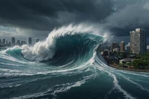 uma ampla onda falhando para dentro a oceano com uma cidade dentro a fundo foto