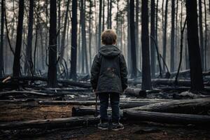 pequeno Garoto em pé dentro queimando floresta, natural desastre conceito foto