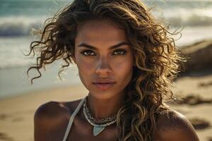 uma mulher com grandes cabelo em a de praia foto