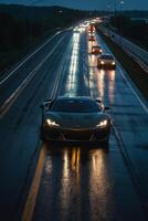 uma Esportes carro dirigindo baixa uma molhado estrada às noite foto